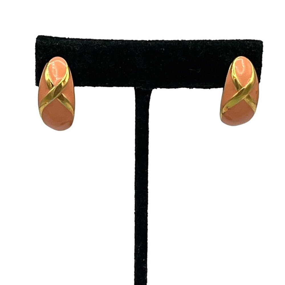 Vintage 1980s Gold Tone Coral Colored Enamel Pierced Earrings
